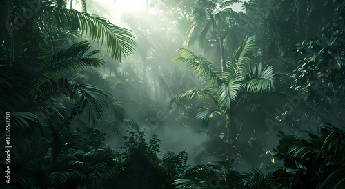 A dense jungle with misty