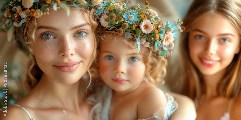 Obraz premium A woman and two children are wearing flower crowns and smiling