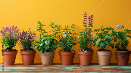 background photo of medicinal plants in flower pots