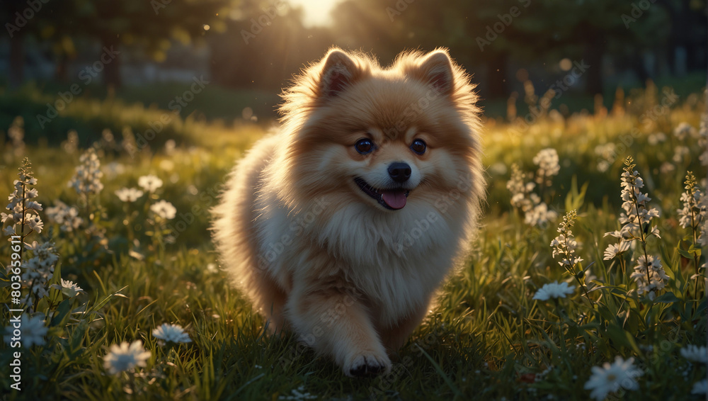 A cute dog standing in a field of flowers