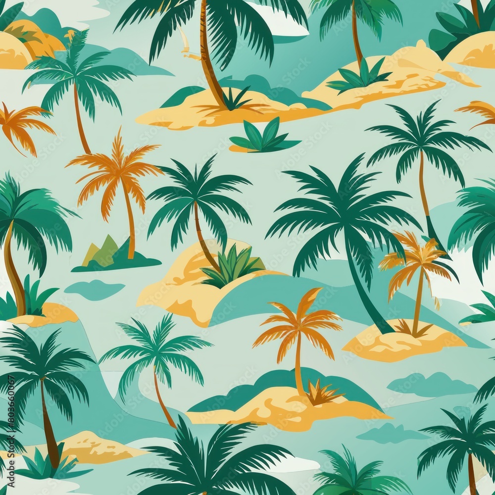 Seamless pattern of tropical islands dotted with palm trees, Generative AI
