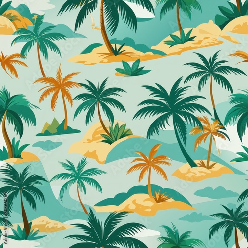 Seamless pattern of tropical islands dotted with palm trees, Generative AI © fahmy