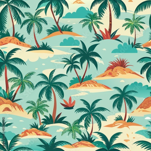 Seamless pattern of tropical islands dotted with palm trees  Generative AI