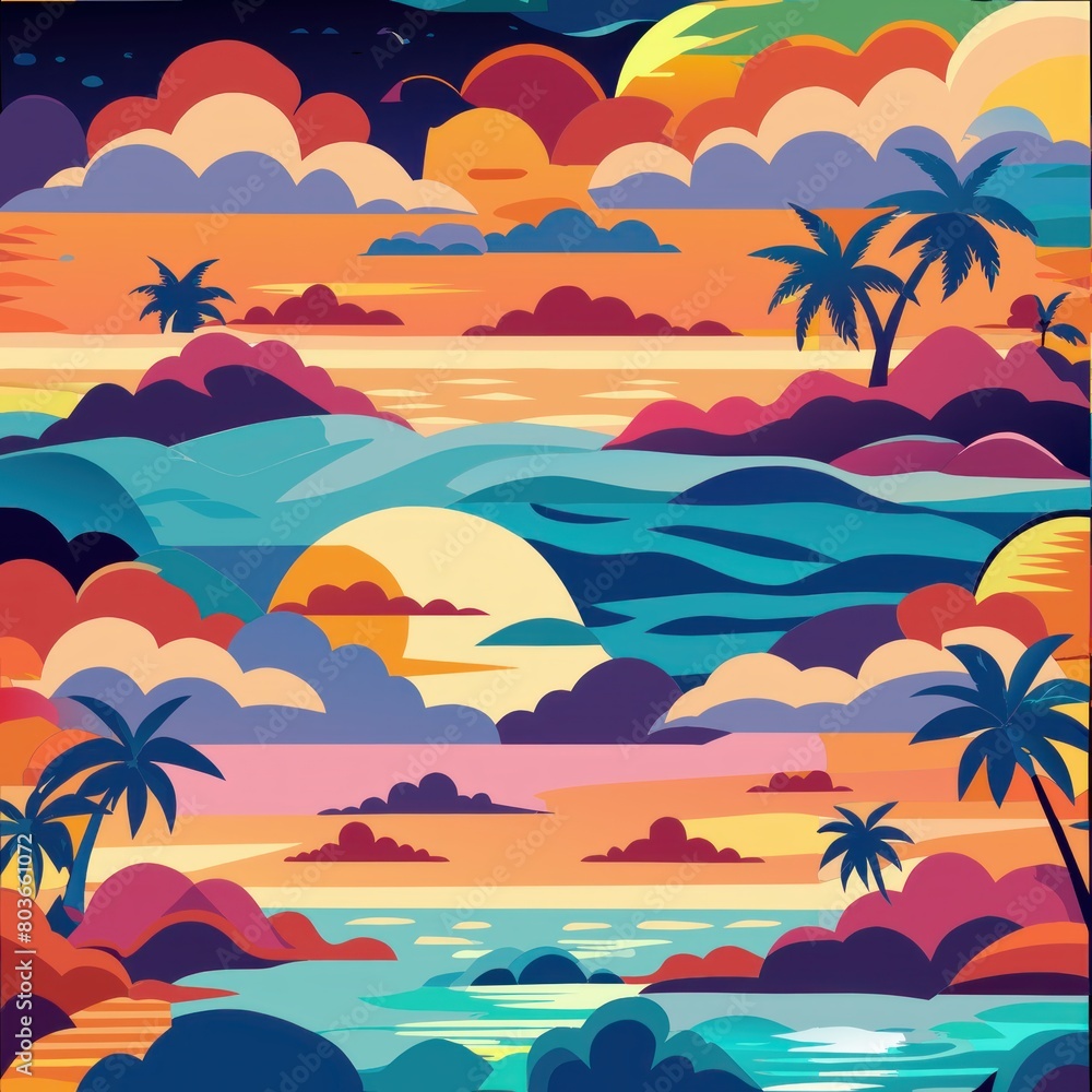 Seamless pattern of tropical sunrises with colorful skies over the ocean, Generative AI