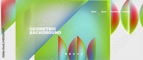 The geometric background features a colorful gradient of green, red, magenta, and electric blue. It is a unique blend of rectangles, triangles, and patterns inspired by terrestrial plants and grass