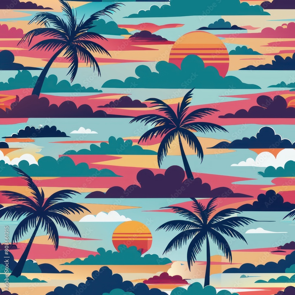 Fototapeta premium Seamless pattern of tropical sunrises with colorful skies over the ocean, Generative AI