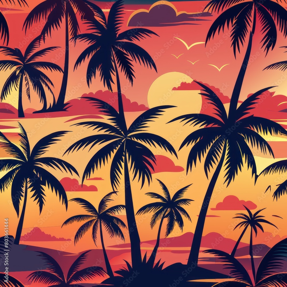  Seamless pattern of tropical sunsets with palm silhouettes, Generative AI