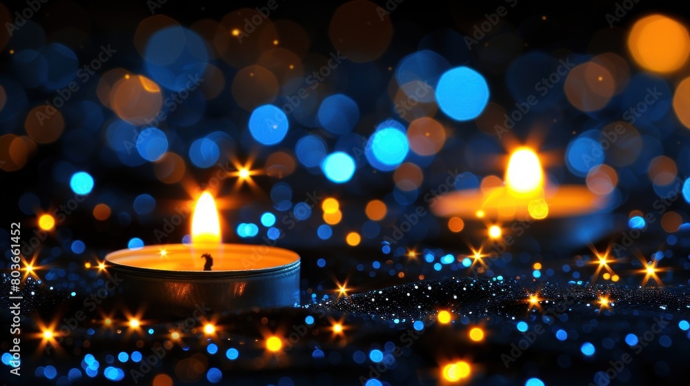 A close up of three candles with a blue background. A close up of three candles with a blue background.