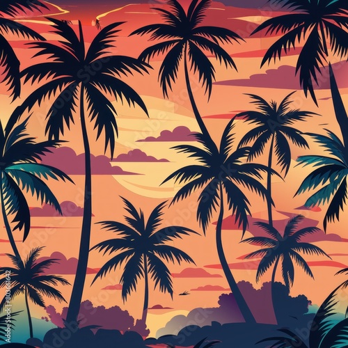  Seamless pattern of tropical sunsets with palm silhouettes  Generative AI