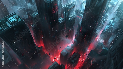 Capture the essence of horror and technology in a hi-tech dystopian world from an aerial perspective, illustrating a haunting fusion of cybernetic landscapes, ominous shadows, and advanced virtual rea photo