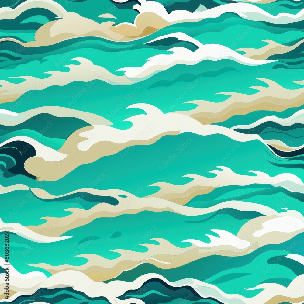  Seamless pattern of turquoise ocean waves and white sandy beaches, Generative AI