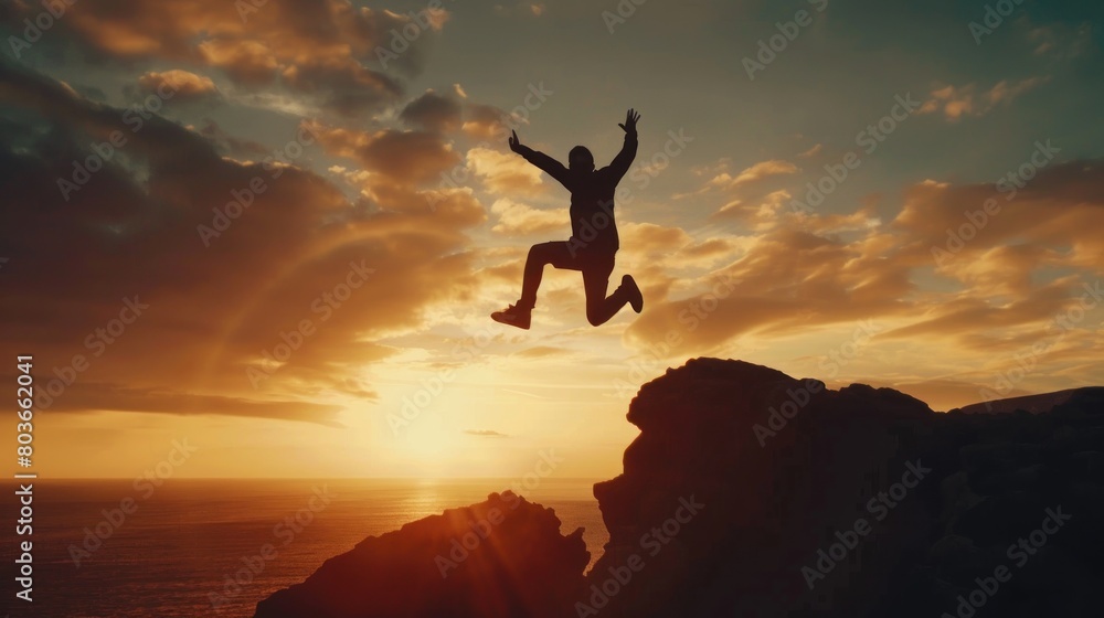 A man is jumping over a cliff with the sun in the background. A man is jumping over a cliff with the sun in the background.