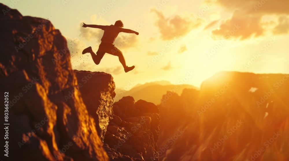 A man is jumping over a cliff with the sun in the background.