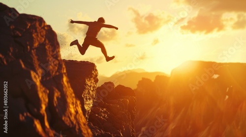 A man is jumping over a cliff with the sun in the background. © Dusit