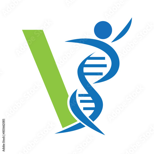 Letter V DNA Logo With Human Symbol. DNA Cell Icon. Health Care Sign