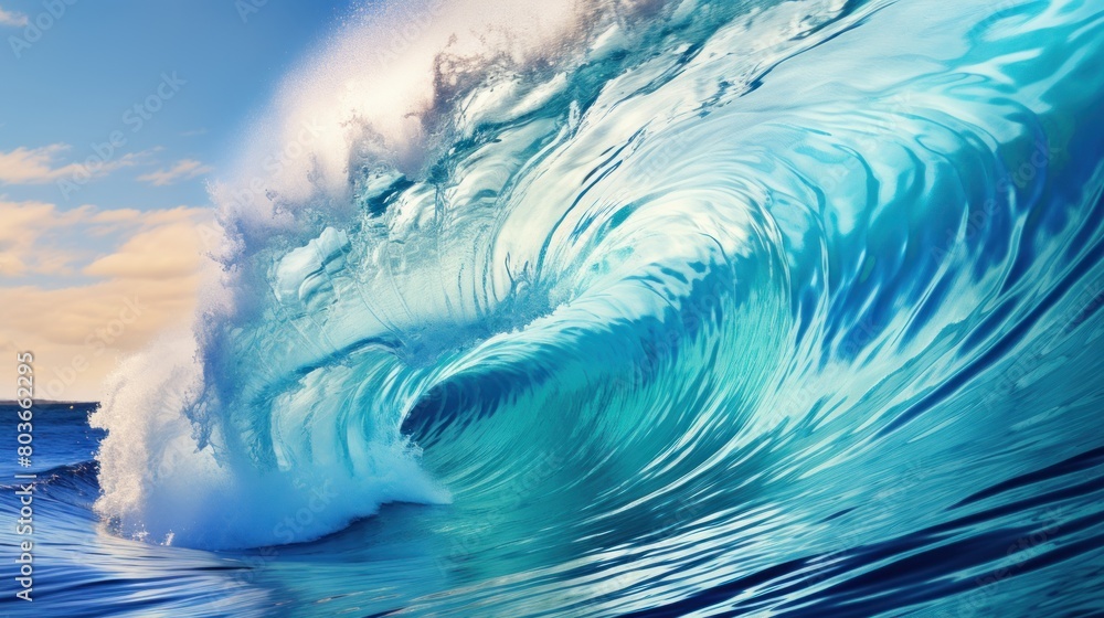 A large wave is crashing into the ocean. The water is blue and the sky is clear A large wave is crashing into the ocean. The water is blue and the sky is clear