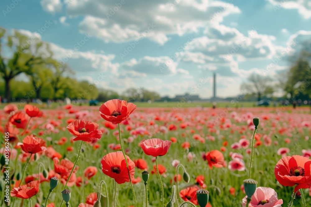 A field of red poppies with a large building in the background.