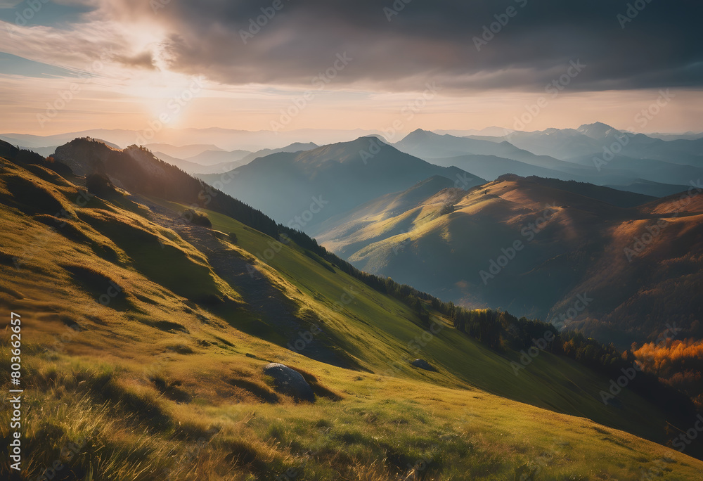 Sunset over a lush mountain range with rolling hills and a vibrant sky. Mountain Day.