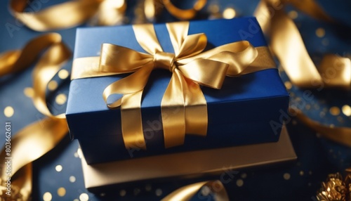 'Top gold holiday dark copy gift Birthday background. ribbon space box satin Christmas confetti view blue present background festive greeting bow design a' © akkash jpg
