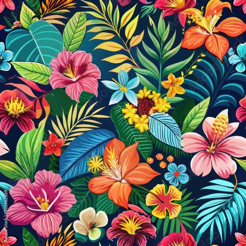 Seamless pattern of vibrant tropical flowers like hibiscus and orchids  Generative AI