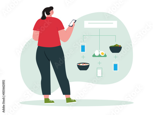 Woman creating a diet routine using mobile app, Diet vector illustration