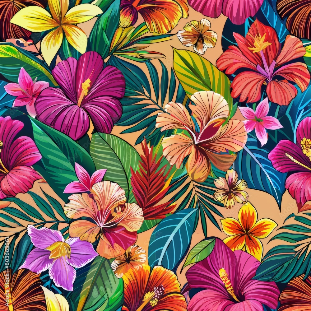 Seamless pattern of vibrant tropical flowers like hibiscus and orchids, Generative AI Seamless pattern of vibrant tropical flowers like hibiscus and orchids, Generative AI