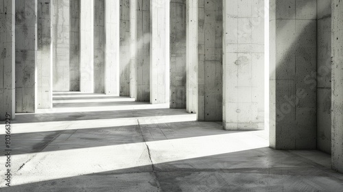Concrete pillars cast shadows in a stark sunlit corridor