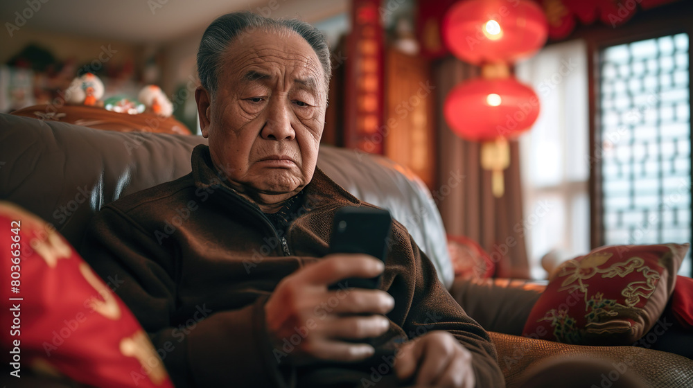 A Chinese senior male friend looked at the phone and looked sad and angry. Sitting in the living room celebrating the Chinese New Year. A Chinese senior male friend looked at the phone and looked sad and angry. Sitting in the living room celebrating the Chinese New Year.