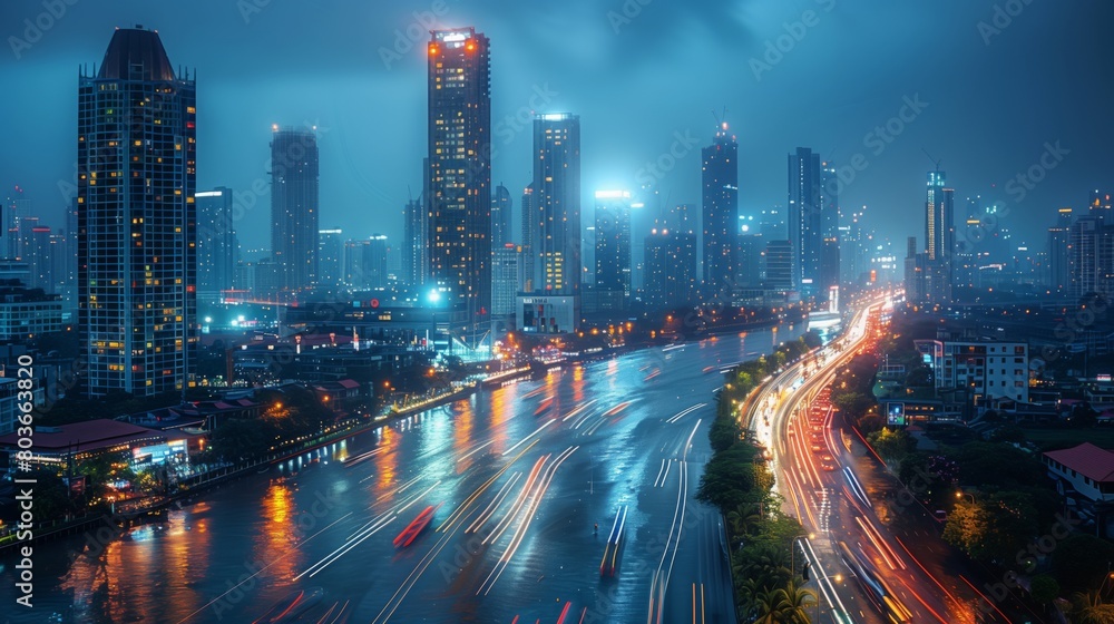 Aerial view of a city at night with bright lights Aerial view of a city at night with bright lights