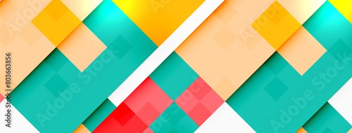 Vibrant colors like azure, orange, aqua, and magenta create an eyecatching geometric pattern of triangles and rectangles on a white background