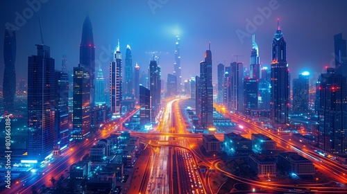 Aerial view of a city at night with bright lights and active urban life