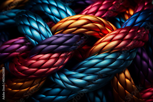 Explore "Team Rope," a captivating modern image featuring colorful braided ropes, metallic textures, and an abstract background. 