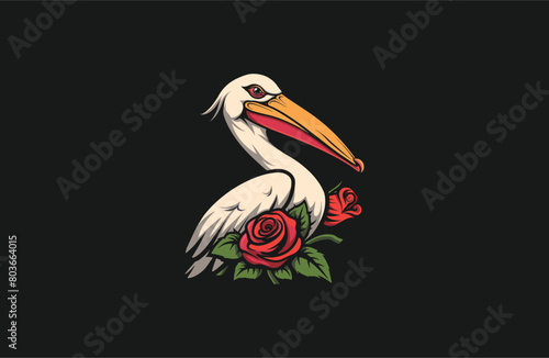 Pelican and Flower vector illustration flat design logo