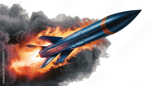 Striking Blue Rocket with Copper Details Soaring through Fiery Clouds and Smoke, Wide Format, PNG Transparent Background