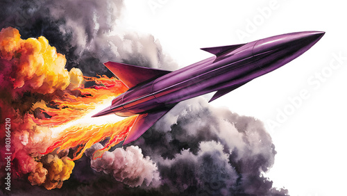 Dynamic Illustration of a Purple Rocket Speeding Through a Fiery Explosion Among Clouds, PNG Transparent Background