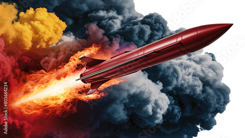 Vivid Red Rocket Blasting Through Colorful Smoke Clouds with Intense Fire Trail, PNG Transparent Background