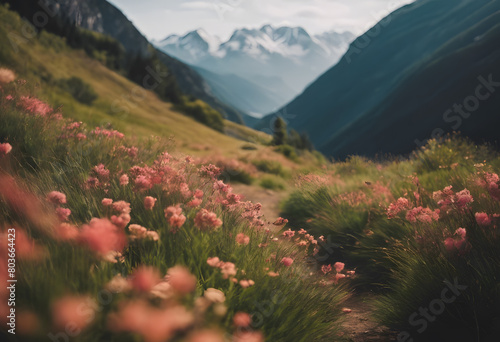 A scenic view of a mountain valley with pink wildflowers in the foreground and snow-capped peaks in the distance. Mountain Day.