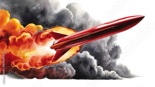 Vivid Red Rocket Blasting Off Against a Dramatic Explosion and Billowing Smoke Clouds, PNG Transparent Background