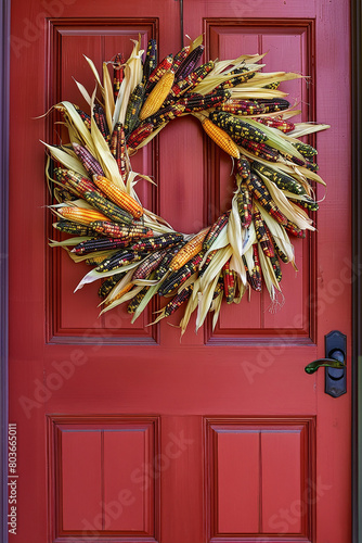 Multiple varieties of heritage corn on the cob that have been dried and arranged in a wreath that is hanging on a red door with a black handle.