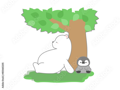 熱中症の予防や対策に関するベクターイラスト、木陰で休んで熱中症を予防するシロクマとペンギン