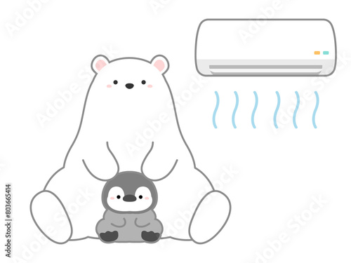 熱中症の予防や対策に関するベクターイラスト、エアコンを活用するシロクマとペンギン