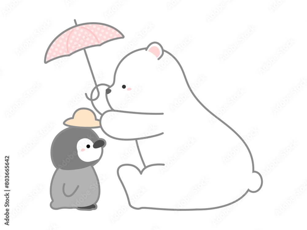 熱中症の予防や対策に関するベクターイラスト、日傘と帽子を差し出すシロクマ 熱中症の予防や対策に関するベクターイラスト、日傘と帽子を差し出すシロクマ