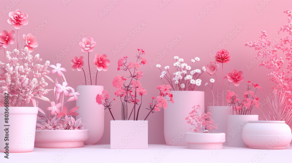 An assortment of abstract pink flowers and plants, artfully arranged in pastel-colored pots, creating a modern, minimalist indoor garden. An assortment of abstract pink flowers and plants, artfully arranged in pastel-colored pots, creating a modern, minimalist indoor garden.