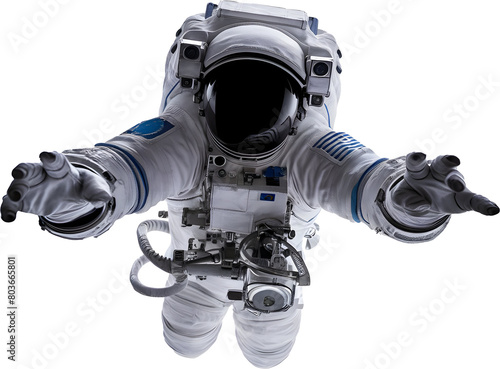 Floating astronaut holding a camera, looking at camera
