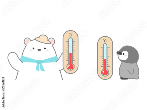 熱中症の予防や対策に関するベクターイラスト、温度気や湿度計で気温を管理するシロクマとペンギン