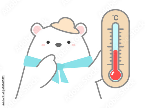 熱中症の予防や対策に関するベクターイラスト、温度気や湿度計で気温を管理するシロクマ01
