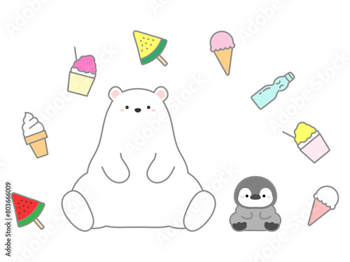 熱中症の予防や対策に関するベクターイラスト、夏の冷たい食べ物とシロクマとペンギン