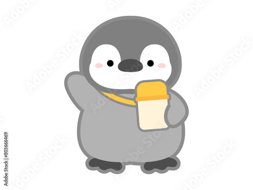 熱中症の予防や対策に関するベクターイラスト、水筒を持ち歩くイメージのペンギンの挿し絵