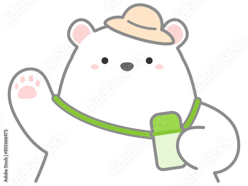 熱中症の予防や対策に関するベクターイラスト、水筒を持ち歩くイメージのシロクマの挿し絵