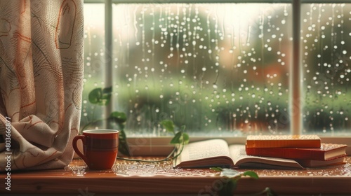 Cozy morning coffee on a rain-streaked window sill photo